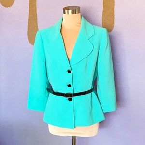 Tahari Petite Blue Jacket & Black Pant Suit Set